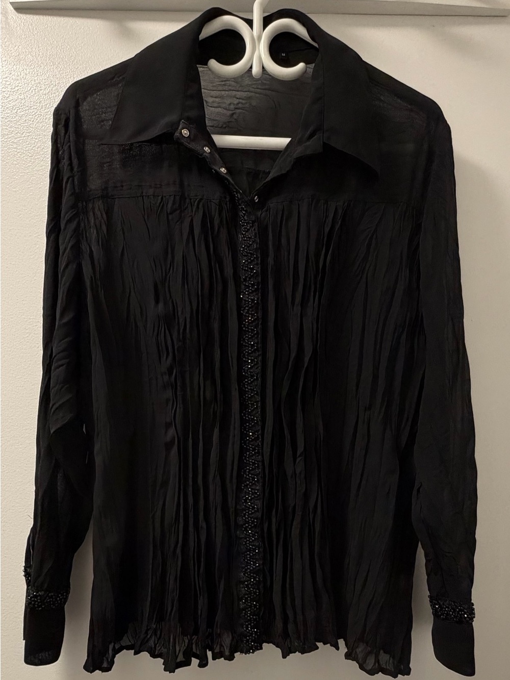 Black Beaded Crinkle Sheer Button Front Blouse Size 1X
